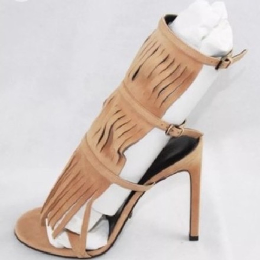 Gucci Nude Fringe Tan Suede Becky Sandals